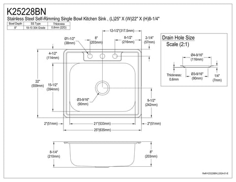 Technical drawing of Single Bowl Stainless Steel Kitchen Sink 22 Gauge Self Rimming Brushed Nickel 21 1 16 Inch By 15 3 4 Inch Quiet Sound Dampening Underside Pads Includes Mounting Hardware And Installation Template Built To Last with dimensions.