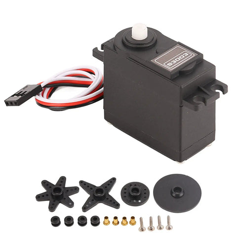 Smooth Operator Low Noise RC Servo With Fast Spin Plastic Motor For HPI And Futaba RC Models in black with accessories for precise steering.