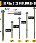 #14 Pack Of Fifty Heavy Duty Wood Structural Screws Green Coated Hex Head Timber measurement for 4, 6, 8, and 10 inch sizes.