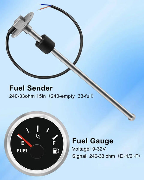 Top Shelf Marine Fuel Level Sending Unit And 2 Inch Diameter Fuel Gauge Kit Featuring 240-33 Ohm Output Rating For Boat And Trailer Tanks With 15 Inch Sender Arm.