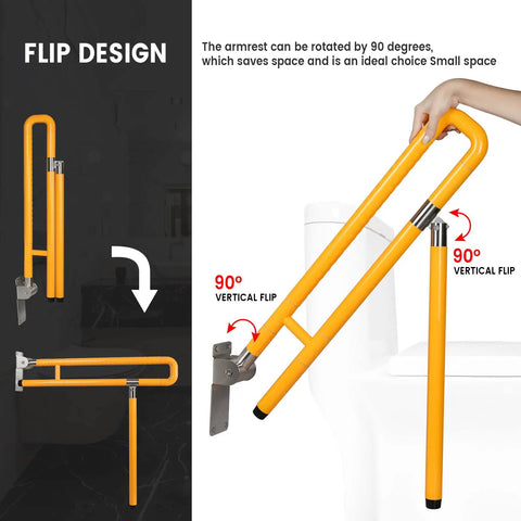 Heavy Duty Foldable Toilet Grab Bar With Flip Up Bathroom Safety Rail Non Slip Shower Support Handle Heavy Lifter Core No Sweat Grip Reliable Ride For Seniors And Mobility Users shown in vertical flip position.