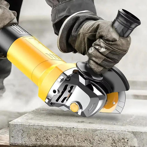 Tough As Nails 125Mm Electric Angle Grinder With 1050W Motor And 11000Rpm Speed being used for heavy metal cutting on concrete.