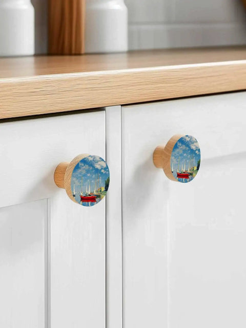 Sweet 1.4 Inch Solid Beechwood Cabinet Knobs And Top Shelf Wooden Drawer Pulls Featuring A Knockout Coastal Sky Design on kitchen cabinets