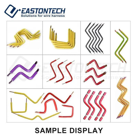 High Precision Automatic 2D Wire Cut Strip And Bend Workhorse With Smooth Six Wheel Drive Delivers Top Notch Efficiency At 800 To 1500 Pieces Per Hour For Heavy Duty Cables Up To 25 Square Millimeters sample display of 2D wire shapes in various colors.