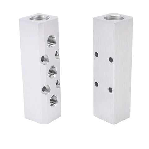 Three Way Five Port Aluminum Air Manifold With One Half Inch NPT Inlet And Four One Quarter Inch NPT Outlets For Pneumatic Tools Heavy Duty Air Distribution -40F To 212F Temperature Range, showing two aluminum blocks with multiple threaded ports.