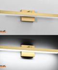 24 Inch LED Bath room Vanity Light Bar In Modern Gold Finish, shown turned off and on, white acrylic shade and metal back plate