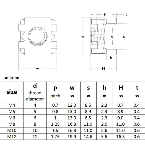 Rugged 304 Stainless Steel Square Clip Floating Cage Nuts For Server Rack And Cabinet Mount M10 Threaded Hardware Fasteners 2 Piece Pack dimensions diagram