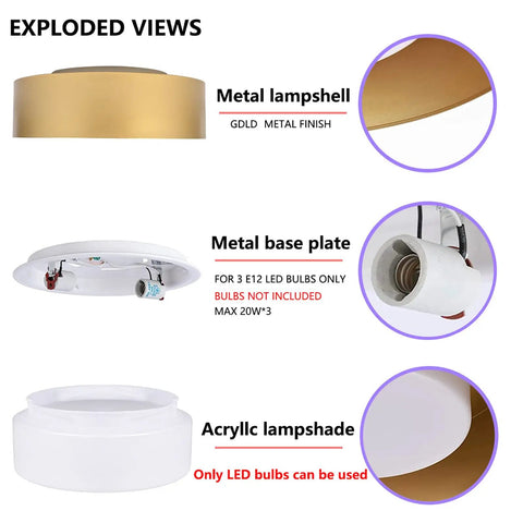 Exploded view of Dope White And Gold Flush Mount Ceiling Light With Modern Minimalist Flair for Bedroom Hallway Entry Balcony and Bathroom 16.5 inch fixture showing metal lampshell, metal base plate, and acrylic lampshade, requires three E12 LED bulbs up to 20W each, bulbs not included.
