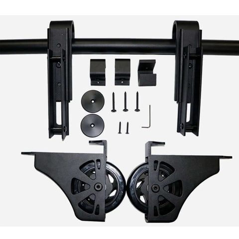 Retractable Sliding Barn Door Ladder Hardware Kit With Full Track Set components, including brackets, rollers, and screws.