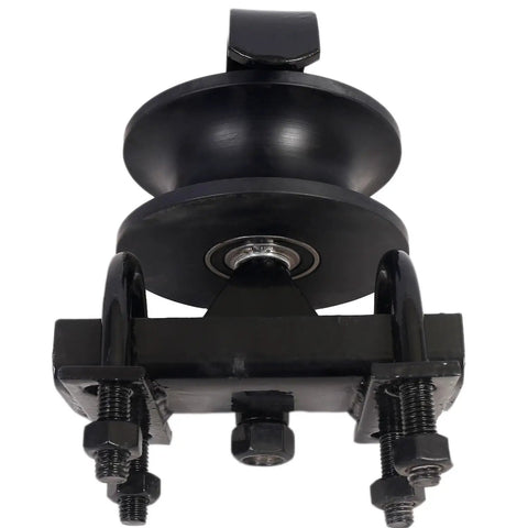 Rock Solid 5 Inch Sliding Gate Rollers With Greaseless Ball Bearings Runs Like A Champ Heavy Duty Galvanized Steel Chain Link Gate Wheels Fit 1 7 8 Inch Pipe Track And 1 5 8 Inch Frame 2 Pack Black front view showing nylon wheel and brackets.