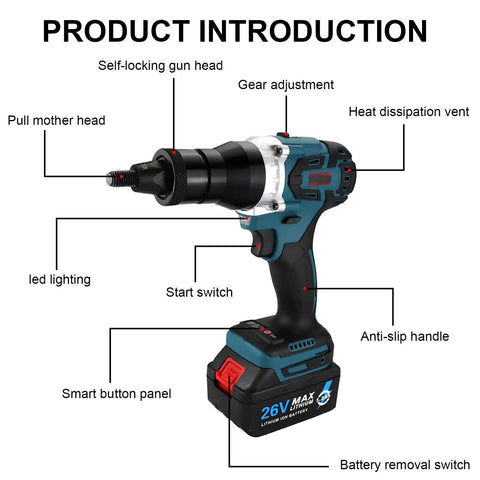 Heavy Duty Cordless Rivet Nut Gun Kit Featuring 5.2Ah Rechargeable Battery, Automatic Electric Riveting Tool close-up of features.