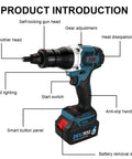 Bad Boy Portable Cordless Rivet Nut Gun With Beast Mode 5.2Ah Battery features self-locking head, LED light, and anti-slip grip.