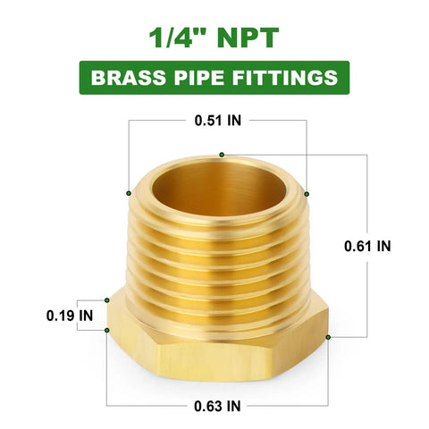1/4 inch NPT brass pipe fittings with dimensions; part of Brass Outer Hex Thread Socket Pipe Plug Fittings Set, Fifteen Pieces