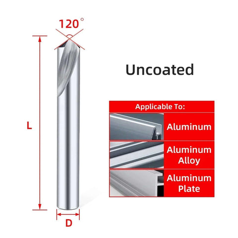Front view of uncoated carbide drill bit, 3 mm diameter x 50 mm length, 120° chamfer guide; for aluminum.