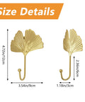 Size details of Ginkgo Leaf Wall Hooks Four Piece Iron Gold Key Holder And Hat Hanger with measurements in inches and cm.