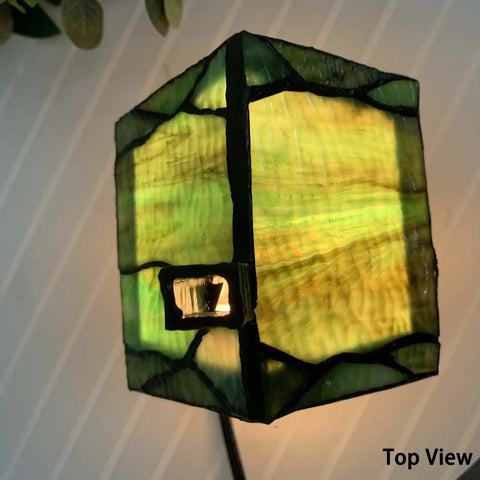 Top view of Handmade Tiffany Style Stained Glass Birdhouse Table Lamp With Sunflower Design for home decor, 7 inch high.