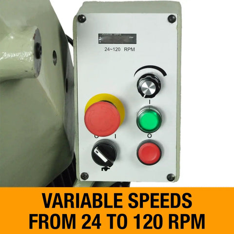 Control panel of 14 Inch Variable Speed Cold Saw With A Badass 3HP Direct Drive Motor showing variable speeds 24-120 RPM.