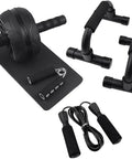 Heavy Duty Ab Wheel Roller Kit With Push Up Bars Double Knee Pad Jump Ropes And Hand Grippers on a textured mat.