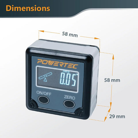 Rock Solid Digital Angle Gauge For Woodworking And Table Saws Handheld Protractor Level Box With Dead On Precision showing dimensions and display.