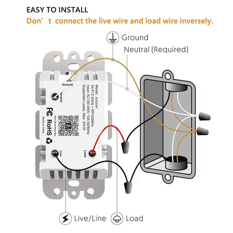 Diagram showing wiring for WiFi Light Switch With Bluetooth Remote, Single Pole One Way Wall Switch, Neutral Wire Required