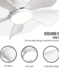 Tiny Ceiling Fan With Lights And Remote, Flush Mount, Low Profile 30 Inch, 5 Reversible Blades, 6 Speeds, White Finish