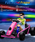 Child riding Heavy Duty Electric Go Kart for Kids 8 to 14, 24V Ride On Racing Toy with Dual 300W Motors, rugged PE body, iron frame.