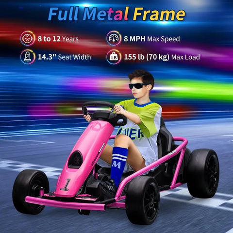 Child riding Heavy Duty Electric Go Kart for Kids 8 to 14, 24V Ride On Racing Toy with Dual 300W Motors, rugged PE body, iron frame.