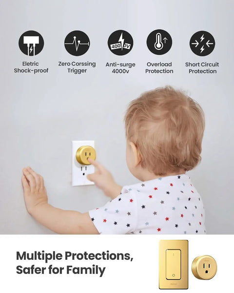 Child near Remote Control Outlet Plug Switch With 1500W Capacity, Buckle Design, Golden Color, safety features highlighted
