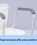 Foldable Bathroom Safety Rail With Adjustable Arms And Universal Seat Fit Rock Solid Aluminum Frame close-up of foam armrests for comfort.