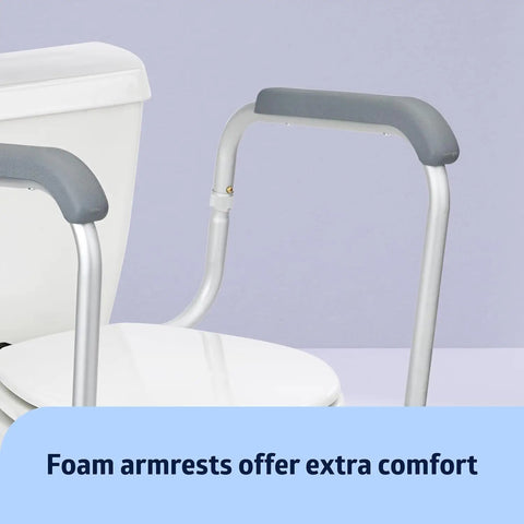 Foldable Bathroom Safety Rail With Adjustable Arms And Universal Seat Fit Rock Solid Aluminum Frame close-up of foam armrests for comfort.