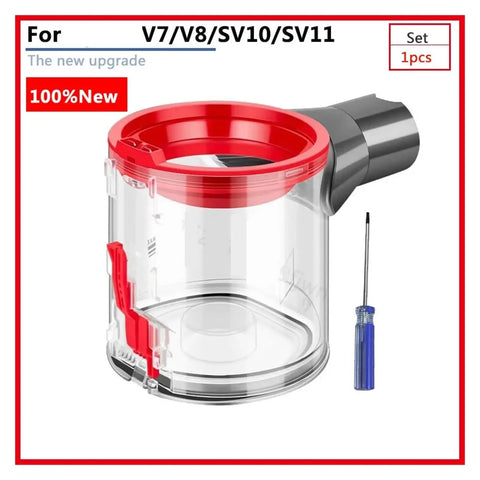 Upgrade Your Dyson V7, V8, SV10, Or SV11 With This High Capacity Replacement Dust Cup And Trash Can Container, clear container with red top.