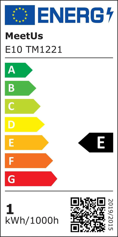 Energy label for E10 TM1221 miniature bulbs, showing efficiency rating and usage details for Snag This Slick Ten Pack Of E10 3.8v Warm White Miniature Screw Base Bulbs Ideal For Flashlight Refills And Panel Gauges A Bang Up Pick For Weekend Builders And Gear Modders.