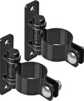 Heavy Duty Gate Hinges For Chain Link Fences Tough As Nails Carbon Steel With Electroplated Rust Resistant Finish Fits 2 3 8 Inch Posts For Farm Yard Gates Real Deal Installation Two Pack Black close-up image showing hinges and locking mechanisms.