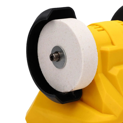 Close-up of the coarse grinding wheel on the Go Anywhere Cordless Mini Bench Grinder Powerhouse for tool sharpening.