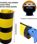 Built Tough Bully Proof Heavy Duty Pallet Rack Protectors Forklift Bumper Guards For Warehouse Columns Shock Absorbing Upright Shields in yellow and black striping.