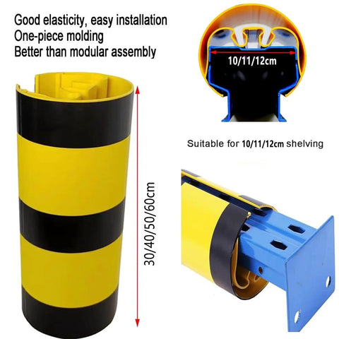 Built Tough Bully Proof Heavy Duty Pallet Rack Protectors Forklift Bumper Guards For Warehouse Columns Shock Absorbing Upright Shields in yellow and black striping.