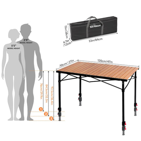 Tailgate Ready Portable Outdoor Adjustable Height Camping Table For 2 To 6 People with carry bag and size chart