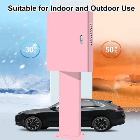 Heavy Duty Electric Vehicle Charger Protective Cover With Tough As Nails Cable Storage Box And Wall Mount Bracket For Home Charging Stations Galvanized Steel Outdoor Shield in pink, suitable for indoor and outdoor use.