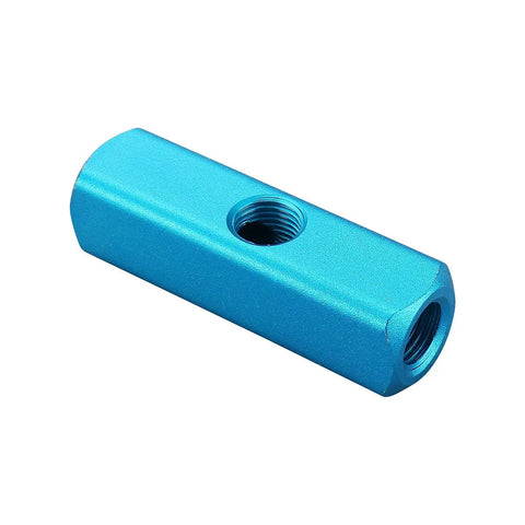 Heavy Duty Aluminum Air Manifold Block, 2 Way 5 Port Rig Setup, 1/4 Inch Pt Threaded Ports in blue finish, showing threaded opening.