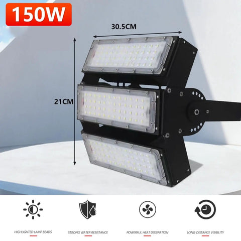 One Hundred Fifty Watt Led Tunnel Light Waterproof Outdoor Flood Lamp in black, showcasing size 30.5CM x 21CM for parking lots.