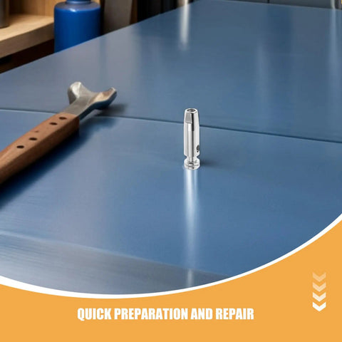 Three Pack Fencing Epee Point Stainless Steel Tips Replacement displayed on a blue table with tools