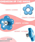 Totally Adorable Goofy Cartoon Drawer Knobs For Kids Room 6 Pack Ultra Soft Rubber Pull Handles With Solid Zinc Alloy Base Toddler Approved Safety Dials For Dresser Closet Nursery Toy Box Bedroom Furniture Hardware Red Floral Mix, blue flower design with dimensions.