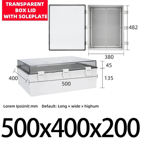 Waterproof Outdoor Electrical Junction Box With Hasp Enclosure Rugged ABS Power Distribution Case For Weatherproof Outdoor Use Sealed Electrical Enclosure To Protect Components 500x400x200mm with transparent lid and soleplate