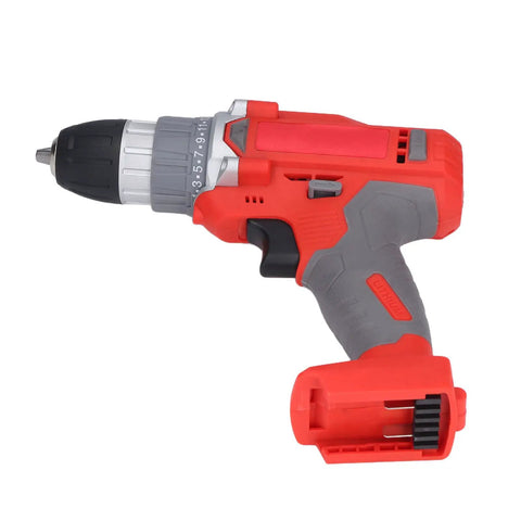 All Day Hassle Free Cordless Drill Driver With Dual Mode Switch Twenty Five Position Clutch High Torque Two Speed Gearbox Easy Grip Power Tool For Home Projects, side view showing ergonomic design and drill chuck.