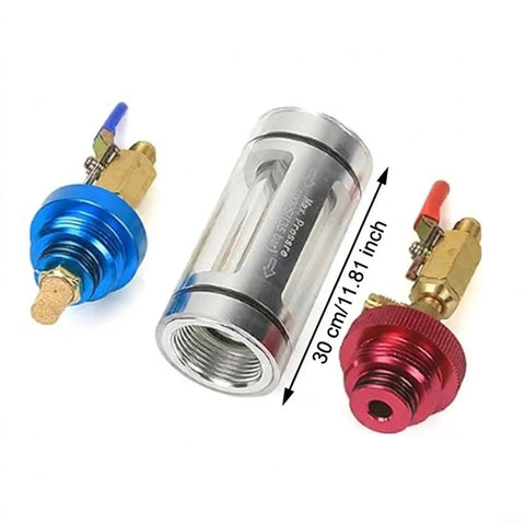 Noteflora Auto AC Maintenance Kit With Visual Oil Filter And Brass Injector Tool, blue and red fittings with a clear oil monitor.