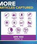 Filtrete 16x25x4 Refillable Air Filter replacement, MPR 1550, MERV 12 showing particles captured like lint, pet dander, viruses.