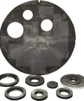 Radon Vented Sump Lid Kit With Gaskets for PVC Pipes, black poly lid and multiple-sized gaskets for inlets and vent pipes.