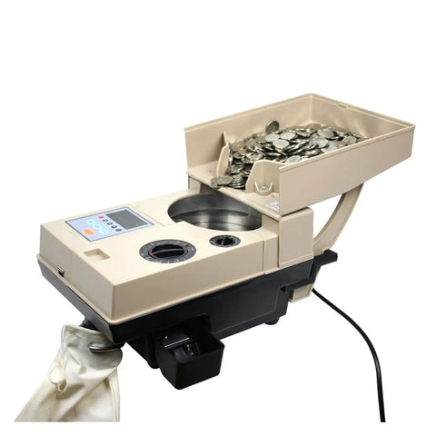 Heavy Duty Automatic Coin Counter Machine With Blazing Fast Sorting Capability Up To One Thousand Five Hundred Per Minute offering clear LED readouts and a coin hopper.