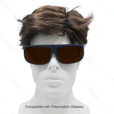 Heavy Duty Laser Safety Glasses Featuring Kickass Optical Density Six Plus Shielding For Blue Violet Green And Infrared Ranges, worn on mannequin head.