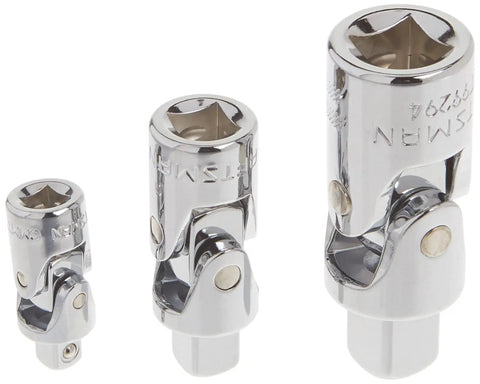 Universal Joint Socket Set 3 Piece With Chrome Finish, Corrosion Resistant, showing varying sizes and flexible joints, front view.